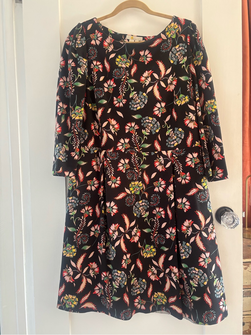 Boden Black Floral A-Line Dress with Pink & Green Accents